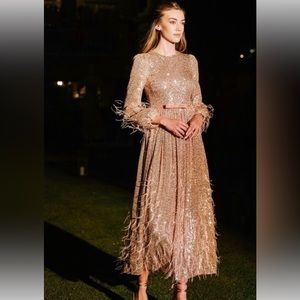 Nicola Bathie Sequin Belted Feathered Midi Dress Size 10 EUC